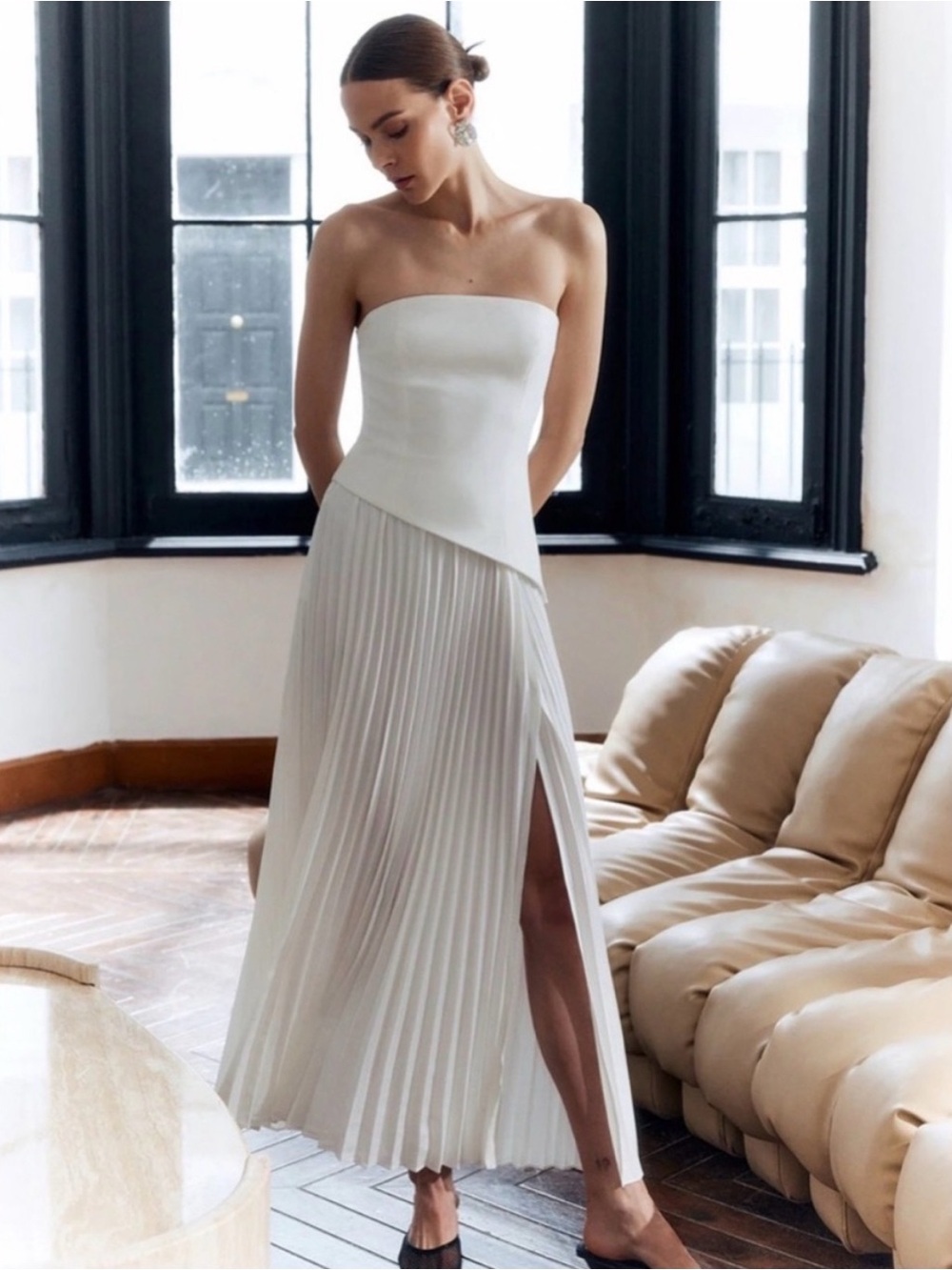 Commense Strapless White Pleated Midi Dress with Side Slit